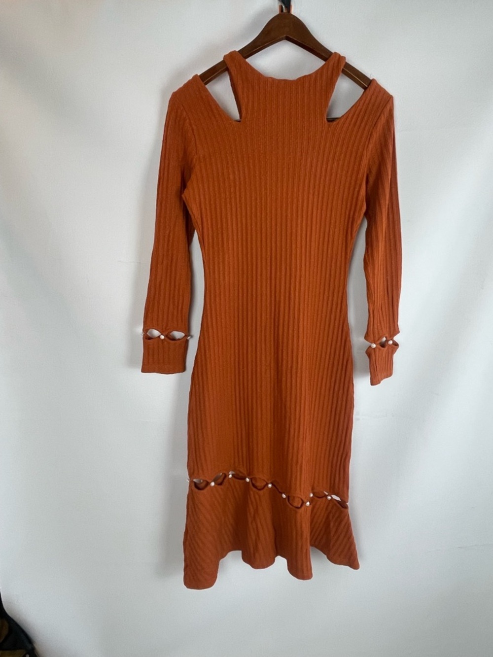 Petite Studio Ribbed Knit Midi Dress Rust Orange Pearl Detail Size Small - Picture 3 of 11